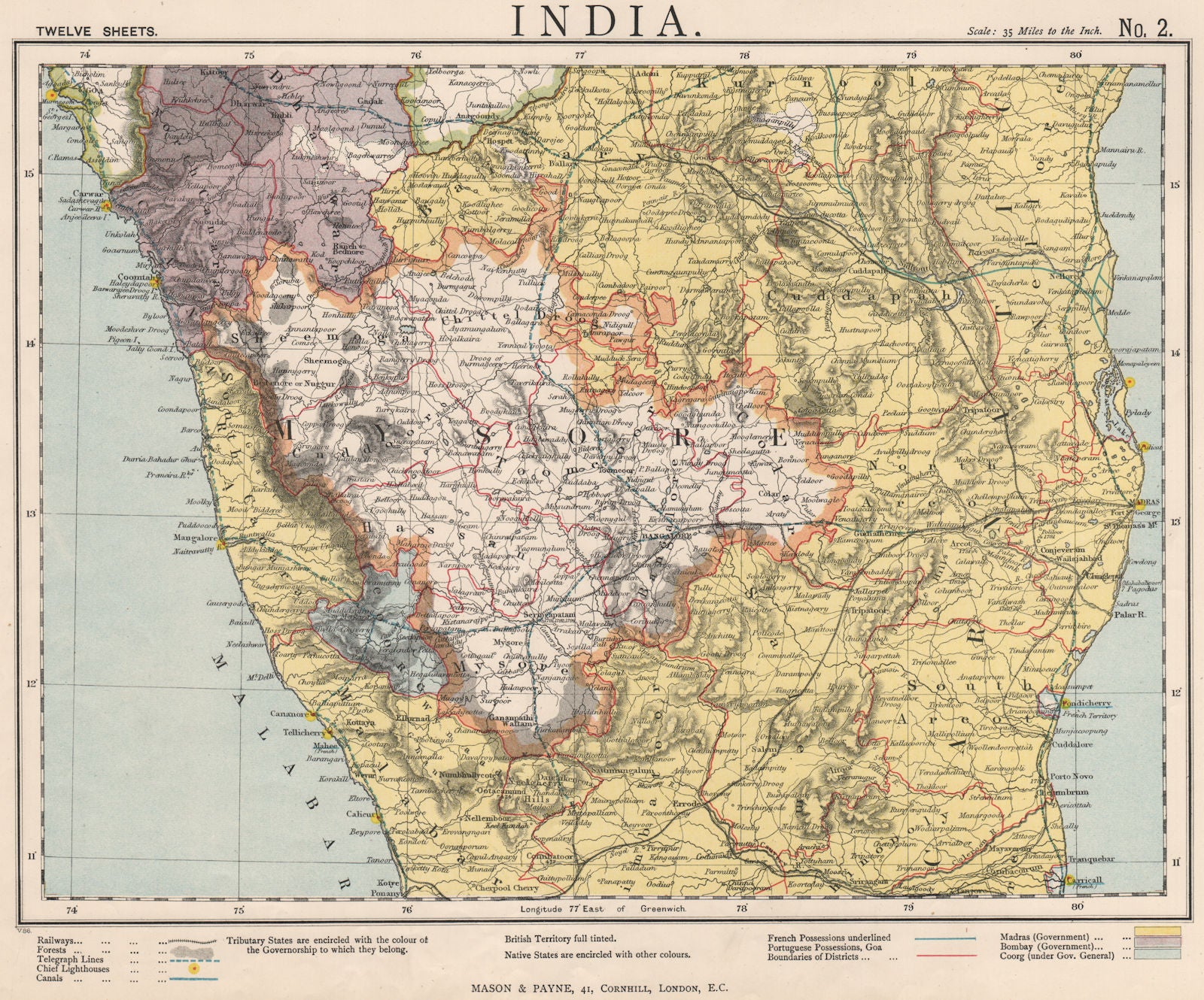 BRITISH INDIA SOUTH. Mysore Carnatic Madras. Telegraphs Railways. LETTS 1889 map